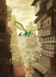 Rule 34 | building, cloud, commentary request, creatures (company), day, flygon, flying, game freak, gen 3 pokemon, highres, nintendo, no humans, outdoors, pokemon, pokemon (creature), signature, sky, solo, uninori