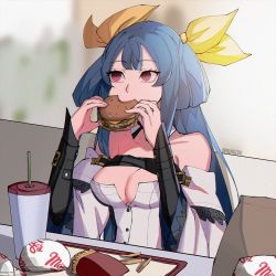 Rule 34 | 1girl, arc system works, bad id, bad twitter id, bag, belt, blue hair, breasts, burger, choker, cleavage, cleavage cutout, clothing cutout, collarbone, cup, detached sleeves, dizzy (guilty gear), drink, eating, food, french fries, guilty gear, guilty gear xrd, hair between eyes, hair ribbon, hair rings, highres, kyou (ningiou), long hair, medium breasts, monster girl, paper bag, red eyes, ribbon, sitting, solo, twintails, twitter username, yellow ribbon
