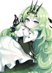 Rule 34 | 1girl, aged down, blue eyes, blush, child, commentary, dress, green hair, highres, honkai (series), honkai impact 3rd, long hair, long sleeves, looking at viewer, mobius (honkai impact), simple background, solo, symbol-only commentary, very long hair, white background, white dress, yinpa (wanone500511)