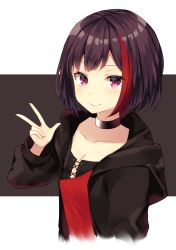 Rule 34 | &gt;:), 1girl, bang dream!, black background, black choker, black hair, black jacket, blush, breasts, choker, cleavage, closed mouth, collarbone, cropped torso, hand up, highres, hood, hood down, hooded jacket, jacket, komomo (ptkrx), long sleeves, looking at viewer, mitake ran, multicolored hair, open clothes, open jacket, puffy long sleeves, puffy sleeves, red eyes, red hair, small breasts, smile, solo, streaked hair, two-tone background, upper body, v-shaped eyebrows, w, white background