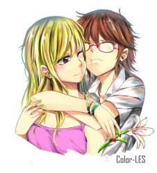 Rule 34 | 2girls, arms around neck, artist name, bare shoulders, blonde hair, bracelet, breasts, brown hair, camisole, closed eyes, closed mouth, color-les, commentary, donut (lily love), earrings, english commentary, fingernails, flower, glasses, green nails, hand up, holding, holding flower, hug, jewelry, lily love, long hair, looking at another, medium hair, mew (lily love), multiple girls, one eye closed, pink camisole, red-framed eyewear, red eyes, red nails, short sleeves, simple background, sleeveless, small breasts, white background, yuri