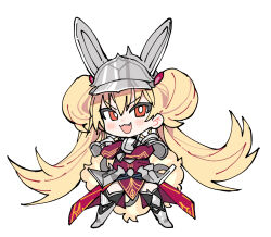 Rule 34 | 1girl, armor, blonde hair, blush, breastplate, centur-ion primera, chibi, crossed arms, duel monster, fang, full body, helmet, long hair, open mouth, pinch (nesume), red eyes, shoulder armor, smile, solo, twintails, white background, yu-gi-oh!