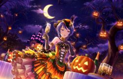 Rule 34 | 1girl, alcohol, artist request, bare tree, bat (animal), bat wings, castle, champagne, character request, copyright request, crescent moon, dress, glass, halloween, highres, jack-o&#039;-lantern, layered dress, looking at viewer, moon, night, night sky, orange dress, pumpkin, purple eyes, purple hair, short hair, sky, solo, table, third-party source, tree, wings