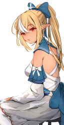 Rule 34 | 1girl, artist name, back bow, blonde hair, blue bow, blue sailor collar, bow, breasts, closed mouth, dark skin, detached collar, detached sleeves, dress, elf, feet out of frame, from side, hair bow, hand on own thigh, high ponytail, highres, hololive, long hair, malvar, medium breasts, multicolored hair, pointy ears, red eyes, sailor collar, shiranui flare, shiranui flare (1st costume), simple background, sitting, solo, stool, streaked hair, tan, virtual youtuber, white background, white bow, white dress, white hair, white sleeves