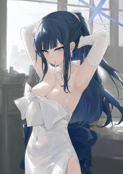 Rule 34 | 1girl, armpits, arms behind head, arms up, bare shoulders, black hair, blue archive, blue eyes, breasts, choker, cleavage, covered navel, dema hmw, dress, elbow gloves, gloves, halo, highres, large breasts, long hair, looking at viewer, mouth hold, official alternate costume, ponytail, saori (blue archive), saori (dress) (blue archive), tying hair, white dress, white gloves