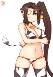 Rule 34 | 1girl, absurdly long hair, alternate costume, anger vein, animal ears, animal print, artist logo, bell, bikini, black hair, breasts, brown eyes, collar, commentary request, cow ears, cow horns, cow print, cow tail, cowbell, cowboy shot, crossed arms, dated, fake horns, highres, horns, kanon (kurogane knights), kantai collection, large breasts, long hair, looking at viewer, nachi (kancolle), neck bell, one-hour drawing challenge, one eye closed, print bikini, print thighhighs, side ponytail, simple background, solo, standing, swimsuit, tail, thighhighs, thighs, very long hair, white background