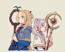 Rule 34 | 2girls, aqua eyes, back-to-back, belt, belt buckle, black belt, blonde hair, blue capelet, blue robe, braid, braided ponytail, buckle, capelet, choker, commentary request, cowboy shot, crescent moon, crossover, dangle earrings, dramatica, drop earrings, dungeon meshi, earrings, elf, french braid, frieren, highres, holding, holding staff, jewelry, mage staff, marcille donato, moon, multiple girls, parted lips, pointy ears, red choker, red ribbon, ribbon, robe, signature, sousou no frieren, staff, swept bangs, twin braids, twintails, upper body, white background, white capelet, white hair, white robe, wide sleeves