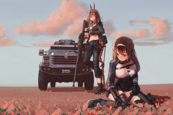 Rule 34 | 2girls, absurdres, animal ears, bullpup, chinese commentary, commentary request, exoskeleton, field, flower, girls&#039; frontline, gun, highres, horse ears, huge filesize, jeep, js 9 (girls&#039; frontline), js 9 mm, light machine gun, machine gun, motor vehicle, multiple girls, scenery, shoes, sneakers, squatting, submachine gun, sunset, suppressor, type 88 (girls&#039; frontline), type 88 lmg, weapon, xiao po qie
