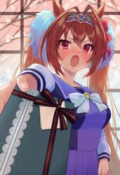 Rule 34 | 1girl, animal ears, antenna hair, blush, bow, box, branch, breasts, brown hair, commentary request, daiwa scarlet (umamusume), fang, gift, gift box, hair between eyes, hair bow, hair intakes, holding, holding gift, horse ears, long hair, long sleeves, looking at viewer, masshirokachi, medium breasts, open mouth, pleated skirt, purple shirt, purple skirt, red bow, red eyes, shirt, skirt, snow, solo, sweat, tiara, twintails, umamusume, v-shaped eyebrows, valentine, very long hair, white bow, window