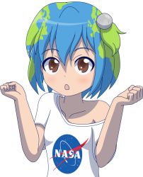 Rule 34 | 1girl, artist request, brown eyes, earth-chan, hair ornament, highres, looking at viewer, nasa, nasa logo, off shoulder, original, simple background, solo, upper body