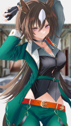 Rule 34 | 1girl, absurdres, animal ears, arms behind head, arms up, belt, belt buckle, black choker, black shirt, black straps, blurry, blurry background, breasts, brown belt, brown hair, buckle, choker, cleavage, collared shirt, cowboy shot, ear ornament, green jacket, green pants, hair between eyes, highres, horse ears, horse girl, horse tail, jacket, kirameki (rikukaikuu), large breasts, long hair, long sleeves, looking at viewer, midriff, multicolored hair, open clothes, open jacket, pants, parted lips, pendant choker, shirt, sirius symboli (umamusume), solo, streaked hair, stretching, tail, umamusume, very long hair, white hair