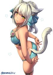 Rule 34 | 10s, 1girl, adjusting clothes, adjusting swimsuit, animal ears, arms behind back, aruma jiki, ass, bare shoulders, bikini, bikini pull, blue bikini, blue ribbon, breasts, cat ears, cat tail, closed mouth, clothes pull, collarbone, cowboy shot, eyebrows, facial mark, final fantasy, final fantasy xiv, from above, from side, grey hair, hair ornament, hair ribbon, jewelry, long hair, looking at viewer, medium breasts, miqo&#039;te, necklace, ponytail, pulled by self, ribbon, shiny skin, slit pupils, smile, solo, standing, star (symbol), swimsuit, tail, thigh strap, twitter username, warrior of light (ff14), whisker markings, white background, yellow eyes