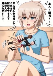 Rule 34 | 1girl, alternate hairstyle, blue eyes, blue shirt, blush, caption, casual, character doll, collarbone, commentary, doll, girls und panzer, grey hair, hair between eyes, half-closed eyes, heart, highres, holding, holding doll, indoors, itsumi erika, kuromorimine military uniform, medium hair, motion lines, nishizumi maho, omachi (slabco), on bed, open mouth, shirt, short sleeves, sitting, solo, sound effects, t-shirt, translated