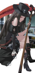 Rule 34 | 1other, black hair, boots, gloves, guilty gear, guilty gear strive, hat, highres, other focus, red eyes, scythe, skull, solo focus, straight hair, testament (guilty gear), thighs, top hat, wuzhu nis