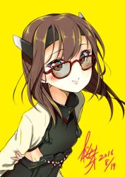 Rule 34 | 10s, 1girl, anchor, arm behind back, arm grab, armor, arms behind back, bad id, bad pixiv id, blush, brown eyes, brown hair, dated, glasses, hair between eyes, headband, headgear, kantai collection, leaning forward, light smile, lips, long sleeves, looking at viewer, red-framed eyewear, sakurame (hitomebore), sakurame kurame, short hair, signature, smile, solo, taihou (kancolle), upper body, yellow background