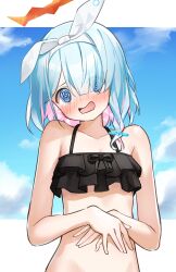 Rule 34 | 1girl, @ @, absurdres, aqua eyes, aqua hair, arona (blue archive), bikini, black bikini, blue archive, blue sky, blush, braid, cloud, cloudy sky, collarbone, colored inner hair, commentary request, embarrassed, frilled bikini, frills, groin, hair ornament, hair over one eye, hairband, halo, highres, looking at viewer, matsushika, multicolored hair, navel, official alternate costume, short hair, sidelocks, single braid, sky, sleeveless, solo, stomach, swimsuit, two-tone hair
