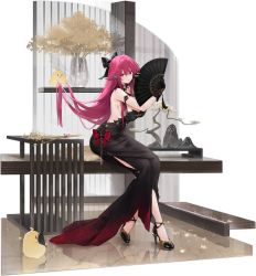 Rule 34 | 1girl, ankle strap, armlet, azur lane, black bow, black dress, black gloves, bow, breasts, chitose (azur lane), chitose (mosaic of blending colors) (azur lane), closed mouth, dress, folding fan, gloves, hair between eyes, hair bow, hand fan, hands up, high heels, highres, holding, holding fan, large breasts, long dress, long hair, looking at viewer, manjuu (azur lane), official art, pink eyes, pink hair, reflective floor, sitting, solo, strappy heels, suisai (suisao), transparent background