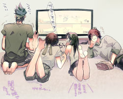 Rule 34 | 1girl, 3boys, ^ ^, bare legs, black hair, brown hair, contemporary, controller, eating, closed eyes, from behind, game controller, guan ping, guan suo, guan xing, guan yinping, hachimaki, hair ornament, headband, heikkisosa, long hair, multiple boys, playing games, shin sangoku musou, shin sangoku musou 7, shorts, siblings, skirt, tank top, television, translation request