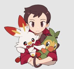 Rule 34 | 1boy, brown eyes, brown hair, buttons, commentary request, creatures (company), game freak, gen 8 pokemon, grookey, highres, holding, holding pokemon, jiugong chi, male focus, nintendo, parted lips, pokemon, pokemon (creature), pokemon swsh, red shirt, scorbunny, shirt, short hair, sleeves rolled up, upper body, victor (pokemon)