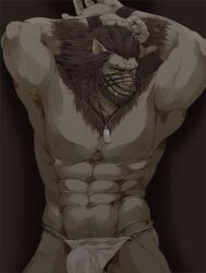 Rule 34 | 1boy, abs, armpits, arms behind head, warrior of light (ff14), bara, beard, bound, bound wrists, brown fur, bulge, cat boy, chest hair, cowboy hat, dog tags, erection, erection under clothes, facial hair, fangs, final fantasy, final fantasy xiv, fundoshi, furry, furry male, groin, hat, highres, hrothgar, igarashi (ff igarashi), japanese clothes, large pectorals, looking at viewer, male focus, mask, mature male, medium hair, muscular, muscular male, navel, nipples, pectorals, solo, stomach, topless male