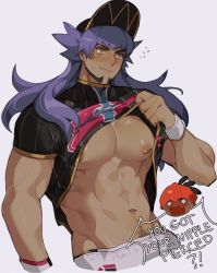 Rule 34 | 2boys, abs, baseball cap, black hair, blush, champion uniform, chariko, chibi, chibi inset, closed mouth, clothes lift, commentary, creatures (company), dark-skinned male, dark skin, dynamax band, english text, facial hair, fang, flying sweatdrops, game freak, hat, leon (pokemon), lifting own clothes, long hair, male focus, male pubic hair, multiple boys, muscular, muscular male, navel, nintendo, nipple piercing, nipples, o o, orange headwear, pectorals, piercing, pokemon, pokemon swsh, pubic hair, purple hair, raihan (pokemon), shiny skin, shirt, shirt lift, short sleeves, shorts, sweatdrop, symbol-only commentary, undercut, veins, white background, white shorts, white wristband, yellow eyes