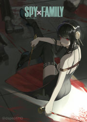 Rule 34 | 1girl, ass, black footwear, black hair, black thighhighs, blood, blood on clothes, blood splatter, bloody weapon, butt crack, closed mouth, commentary, corpse, da (datako), english commentary, expressionless, from behind, full body, high heels, highres, knee up, long hair, looking at viewer, pale skin, red eyes, sitting, solo focus, spy x family, thighhighs, weapon, yor briar