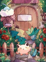 Rule 34 | :o, animal focus, artist name, blue skin, brick wall, bush, closed eyes, cloud, colored skin, creatures (company), fence, flower, game freak, gen 1 pokemon, gen 2 pokemon, gen 3 pokemon, hanabusaoekaki, highres, hoppip, leaf, mail, mailbox (incoming mail), nintendo, no humans, oddish, pink skin, pokemon, pokemon (creature), red flower, red rose, rose, sleeping, solid oval eyes, sparkle, swablu, wall lamp, watering can, watermark, wooden door, wooden fence