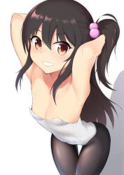 Rule 34 | 1girl, adachi tenka, arched back, armpits, arms behind head, arms up, bare arms, bare shoulders, black pantyhose, breasts, brown eyes, brown hair, cleavage, collarbone, covered navel, cowboy shot, coyomin, eyelashes, from above, grin, hair between eyes, hair bobbles, hair ornament, hand in own hair, highres, leaning forward, leotard, long hair, looking at viewer, one side up, pantyhose, shoujo ramune, sidelocks, simple background, small breasts, smile, solo, straight hair, thigh gap, white background, white leotard