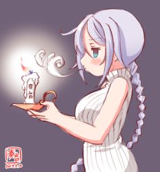 Rule 34 | 10s, 1girl, 2017, blowing, blue eyes, braid, candle, commentary request, dated, gradient background, highres, kanon (kurogane knights), kantai collection, long hair, silver hair, simple background, single braid, sketch, solo, translation request, umikaze (kancolle)
