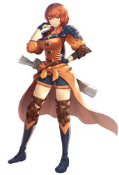 Rule 34 | 1girl, arrow (projectile), black gloves, breasts, cleavage, closed mouth, female focus, fingerless gloves, fire emblem, fire emblem: three houses, full body, gloves, gonzarez, highres, leonie pinelli, matching hair/eyes, nintendo, orange eyes, orange hair, quiver, shorts, simple background, smile, solo, white background