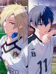 2boys bl_111252 black_hair blonde_hair blue_eyes blue_flower blue_lock blue_rose closed_mouth eyeliner flower goal hand_on_own_chin highres isagi_yoichi looking_at_viewer makeup male_focus michael_kaiser multiple_boys neck_tattoo outdoors red_eyeliner rose shirt soccer_uniform sportswear stadium sweat tattoo upper_body white_shirt wiping_sweat