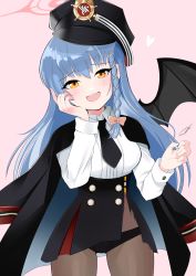 Rule 34 | 1girl, black hat, black jacket, black necktie, blue archive, blush, bow, braid, collared shirt, cranberry0621, demon wings, hair bow, haruna (blue archive), hat, high-waist skirt, jacket, jacket on shoulders, long hair, necktie, open clothes, open jacket, pantyhose, shirt, silver hair, single braid, skirt, solo, white skirt, wings