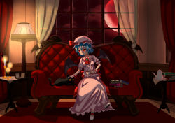 Rule 34 | 1girl, absurdres, ascot, bat wings, black cat, blue hair, book, bow, brooch, candle, candlelight, candlestand, carpet, cat, couch, cup, curtains, dress, frilled shirt, frilled shirt collar, frilled sleeves, frills, hat, hat ribbon, highres, indoors, jewelry, lamp, mob cap, moon, pink dress, puffy short sleeves, puffy sleeves, red bow, red eyes, red moon, red ribbon, red sky, remilia scarlet, ribbon, ribbon trim, sash, sessei (pksx8824), shirt, short hair, short sleeves, sky, solo, tea, touhou, window, wings, wrist cuffs