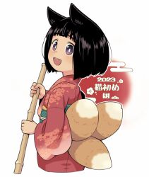 Rule 34 | 1girl, 2023, :d, animal ears, black hair, commentary request, cropped torso, egasumi, fox ears, fox girl, fox tail, from behind, holding, japanese clothes, kimono, kitsune, kukuri (mawaru), long sleeves, looking at viewer, looking back, mawaru (mawaru), obi, open mouth, original, purple eyes, red kimono, sash, simple background, smile, solo, tail, translation request, white background, wide sleeves