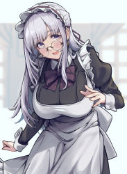Rule 34 | 1girl, alternate costume, apron, black dress, blush, bow, bowtie, breasts, commentary request, curtains, dress, enmaided, glasses, grey hair, highres, indie virtual youtuber, large breasts, long hair, long sleeves, looking at viewer, maid, maid headdress, mi2mi2 minmi, parted lips, puffy long sleeves, puffy sleeves, purple bow, purple eyes, round eyewear, solo, very long hair, virtual youtuber, white apron, window, yomi tsumugiha