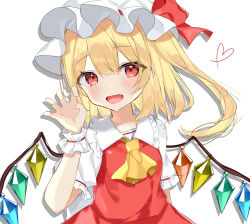 Rule 34 | 1girl, :d, ascot, blonde hair, blush, claw pose, crystal, drop shadow, fang, flandre scarlet, frilled shirt collar, frills, hair between eyes, hand up, hat, heart, highres, long hair, looking at viewer, mob cap, one side up, open mouth, puffy short sleeves, puffy sleeves, red eyes, red ribbon, red skirt, red vest, ribbon, shirt, short sleeves, simple background, skirt, smile, solo, touhou, upper body, vest, white background, white hat, white shirt, wings, wrist cuffs, yumeno ruruka