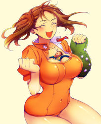 Rule 34 | 10s, 1boy, 1girl, bad id, bad pixiv id, between breasts, blood, blush, boots, breasts, brown hair, cleavage, covered navel, diane (nanatsu no taizai), closed eyes, fingerless gloves, giant, giantess, gloves, huge breasts, king (nanatsu no taizai), leotard, long hair, mochimochimochi, nanatsu no taizai, nosebleed, open mouth, person between breasts, puffy sleeves, short hair, simple background, smile, twintails
