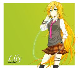 Rule 34 | 1girl, bad id, bad pixiv id, blonde hair, earrings, green eyes, jewelry, lily (vocaloid), long hair, necktie, plaid, satsuki (r2u0r0i4), skirt, solo, very long hair, vest, vocaloid