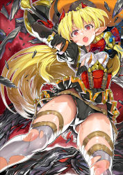 Rule 34 | 1girl, arm up, black dress, black panties, blonde hair, char, debris, demon horns, dress, fang, gloves, hat, highres, holding, holding weapon, horns, large hat, long hair, long sleeves, looking at viewer, orange hat, original, panties, pleated dress, pointy ears, red eyes, red gloves, red horns, short dress, solo, sweat, thigh strap, thighhighs, thighs, torn clothes, torn thighhighs, underwear, very long hair, water drop, weapon, white thighhighs