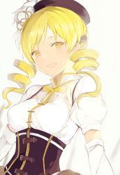 Rule 34 | 10s, 1girl, blonde hair, curly hair, happy, hat, long hair, lpip, magical girl, mahou shoujo madoka magica, mahou shoujo madoka magica (anime), ribbon, smile, solo, tomoe mami, twintails, white background, yellow eyes