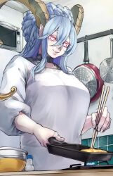 Rule 34 | 1girl, absurdres, aqua hair, bowl, braid, breasts, chopsticks, cooking, curled horns, fate/grand order, fate (series), food, gumi (the eye of darkness), hair between eyes, highres, horns, large breasts, larva tiamat (fate), long hair, long sleeves, mixing bowl, omelet, pink eyes, pointy ears, salt shaker, shirt, sidelocks, skillet, smile, solo, stove, symbol-shaped pupils, tamagoyaki, tiamat (fate), white shirt