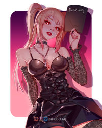 Rule 34 | 1girl, amane misa, arm behind back, bare shoulders, black choker, black dress, blonde hair, book, border, breasts, bright pupils, chain necklace, choker, cleavage, collarbone, cowboy shot, death note, death note (object), detached sleeves, dress, goth fashion, gradient background, holding, holding book, inhoso, jewelry, lace-up top, lace sleeves, large breasts, long hair, looking at viewer, necklace, parted lips, pink background, purple background, red eyes, red lips, short dress, sidelocks, solo, spaghetti strap, twintails, watermark, web address, white pupils