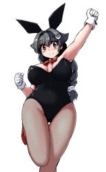 Rule 34 | 1girl, alternate costume, animal ears, black hair, black leotard, bow, bowtie, braid, breasts, cleavage, cowboy shot, detached collar, gloves, hair flaps, jingei (kancolle), jini ya1, kantai collection, large breasts, leotard, long hair, looking at viewer, low ponytail, playboy bunny, rabbit ears, red bow, red bowtie, red eyes, running, simple background, single braid, solo, thigh gap, white background, white gloves, wide hips