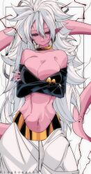 1girl absurdres android_21 arms_under_breasts artist_name bangle bare_shoulders big_hair black_lightning black_sclera black_tube_top bracelet breasts colored_sclera colored_skin commentary_request cowboy_shot crossed_arms detached_sleeves dragon_ball dragon_ball_fighterz earrings gold_choker harem_pants highres hoop_earrings jewelry kinakomochi_(user_vedc2333) large_breasts long_hair looking_at_viewer majin_android_21 nail_polish navel pants pink_skin pointy_ears red_eyes smile strapless tail tube_top white_hair