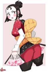Rule 34 | 1girl, 2020, artist logo, ass, black footwear, black hair, blush, boots, bow, breasts, code lyoko, collarbone, colored eyelashes, commentary, cowboy shot, cuffs, dual wielding, dutch angle, english commentary, female focus, flower print, geisha, hand fan, highres, holding, holding weapon, ishiyama yumi, japanese clothes, lightsource, looking at viewer, looking back, makeup, official alternate costume, open mouth, pants, parted bangs, pink background, ponytail, red pants, sash, serious, short hair, sidelocks, simple background, small breasts, solo, thigh boots, two-tone shirt, v-shaped eyebrows, weapon, yellow sash