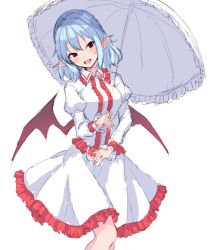 Rule 34 | 1girl, :d, bat wings, blue hair, blush, breasts, center frills, commentary, dress, feet out of frame, frilled dress, frilled shirt collar, frills, head tilt, holding, holding umbrella, juliet sleeves, junior27016, long sleeves, looking at viewer, medium breasts, no headwear, no headwear, open mouth, pointy ears, puffy sleeves, red eyes, remilia scarlet, short hair, simple background, smile, solo, standing, touhou, umbrella, white background, white dress, white umbrella, wings