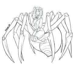 Rule 34 | 1girl, absurdres, arachne, arthropod girl, breasts, closed mouth, commentary, commission, extra eyes, fang, full body, greyscale, hair ribbon, hand on own chest, hhhori, highres, insect girl, jacket, lineart, long hair, looking at viewer, medium breasts, monochrome, monster girl, neck ribbon, original, ribbon, shorts, signature, solo, spider girl, taur