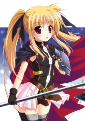 Rule 34 | 1girl, :d, arm belt, bardiche (nanoha), belt, black gloves, black leotard, black ribbon, black thighhighs, blonde hair, blush, breasts, cape, commentary request, cowboy shot, endori, fate testarossa, fate testarossa (lightning form) (2nd), floating hair, gloves, hair ribbon, highres, holding, holding weapon, leotard, long hair, looking at viewer, lyrical nanoha, magical girl, mahou shoujo lyrical nanoha, mahou shoujo lyrical nanoha a&#039;s, mahou shoujo lyrical nanoha the movie 2nd a&#039;s, miniskirt, open mouth, photoshop (medium), pink skirt, pleated skirt, polearm, red eyes, ribbon, sideboob, simple background, skirt, small breasts, smile, solo, standing, thighhighs, twintails, very long hair, weapon, white background