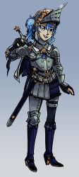 Rule 34 | + +, 1girl, absurdres, alternate costume, armor, asymmetrical armor, bad id, bad twitter id, black choker, black gloves, black nails, blue eyes, blue hair, choker, commentary, english commentary, female knight, full armor, gloves, gradient background, greaves, hair between eyes, helmet, highres, holding, holding sword, holding weapon, hololive, hoshimachi suisei, knight, megasonger, nail polish, open hand, over shoulder, partially fingerless gloves, plate armor, smile, solo, sword, virtual youtuber, weapon, weapon over shoulder