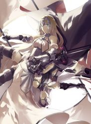 Rule 34 | 2girls, armor, armored boots, armored dress, banner, black dress, blonde hair, blue eyes, boots, chain, dress, fate (series), floating hair, fur trim, gauntlets, hand on hilt, holding, holding weapon, jeanne d&#039;arc (fate), jeanne d&#039;arc (ruler) (fate), jeanne d&#039;arc (third ascension) (fate), jeanne d&#039;arc alter (avenger) (fate), jeanne d&#039;arc alter (fate), long hair, looking at viewer, multiple girls, parted lips, silver hair, sleeveless, sleeveless dress, sword, thigh boots, thighhighs, user hwvm7837, weapon, white dress, yellow eyes